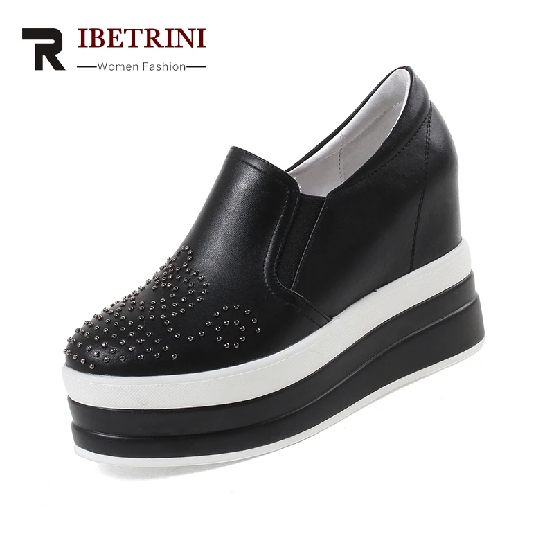 

RIBETRINI 2018 Large Size 32-40 Cow Leather Super High Heels Women Shoes Woman Black Elastic Band Pumps Woman Footwear