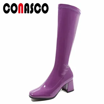 

CONASCO Sexy Women Knee High Boots Square Toe High Heels Long Warm Autumn Winter Party Shoes Woman High Boots New Sexy Pumps