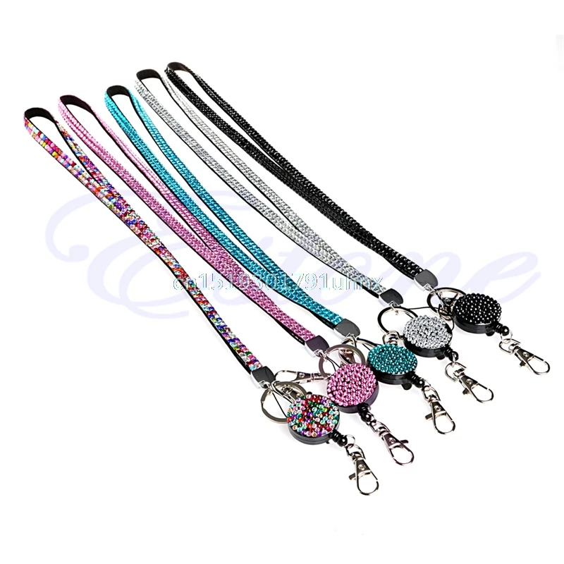 

Neck Lanyard Retractable ID Badge Reel Crystal Rhinestone Phone Key Holder