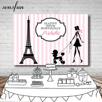 

Sensfun Young Women Dog Happy 30th Birthday Backdrop Customized Tower Pink White Striped Photography Backgrounds 7x5ft Vinyl