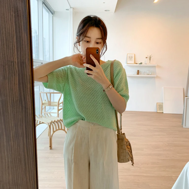 

Fresh Candy Mint Green Knitted T Shirt Women Top Summer Spring Short Sleeve Tee Shirt Femme Camiseta Feminina Camisa Mujer