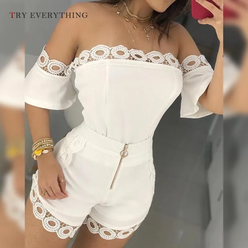 

Off Shoulder Sexy Playsuit Women Summer 2019 Hollow Out White Lace Playsuit Jumpsuit Female Pink Short Playsuit For Women Romper