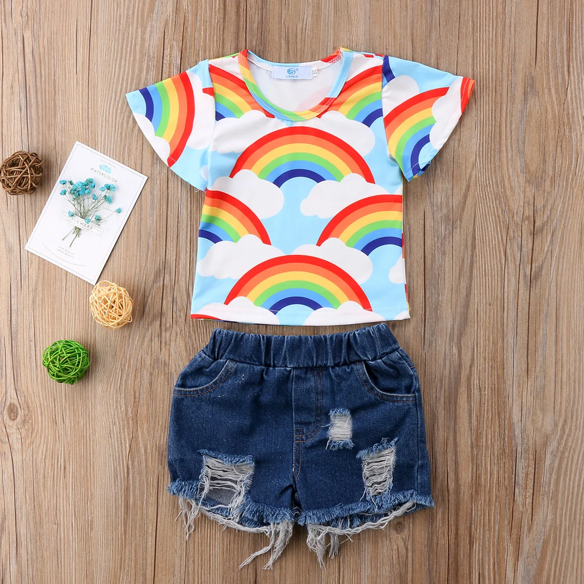 Newborn Kids Baby Girl Rainbow Top T shirt Denim Jeans Pants Outfits