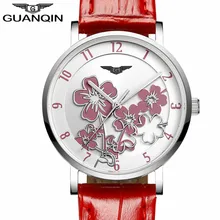 Часы Для женщин модные часы GUANQIN Relogio feminino Роскошный цветок Дизайн циферблат кварцевые часы женские красные кожаные Наручные часы