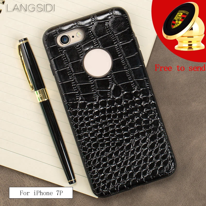 LANGSIDI For iPhone 7 Plus case real calf leather back cover / Crocodile texture to send 360 degree rotating magnet holder |