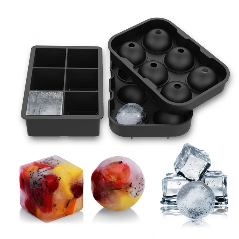 6 Large Ice Cube Maker Silicone Mould Big Sphere Ice Ball Square Ice Cube Tray Silicone Mold Ice Cream Whiskey Cocktail Party Bar Accessories (8)