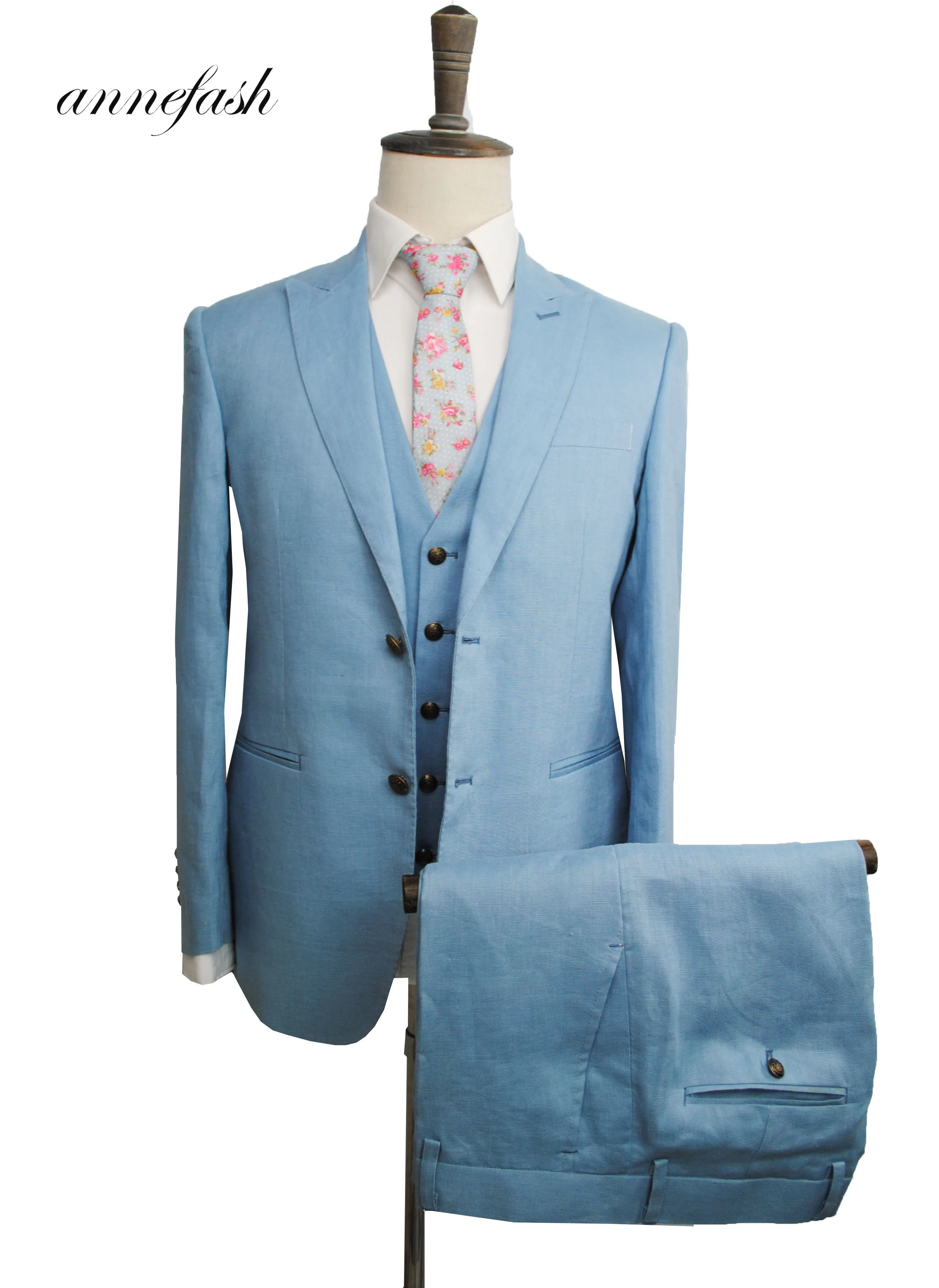 Мужские комплекты светло-голубого льняного костюма, Свадебный костюм из 3 предметов(пиджак+ брюки+ жилет