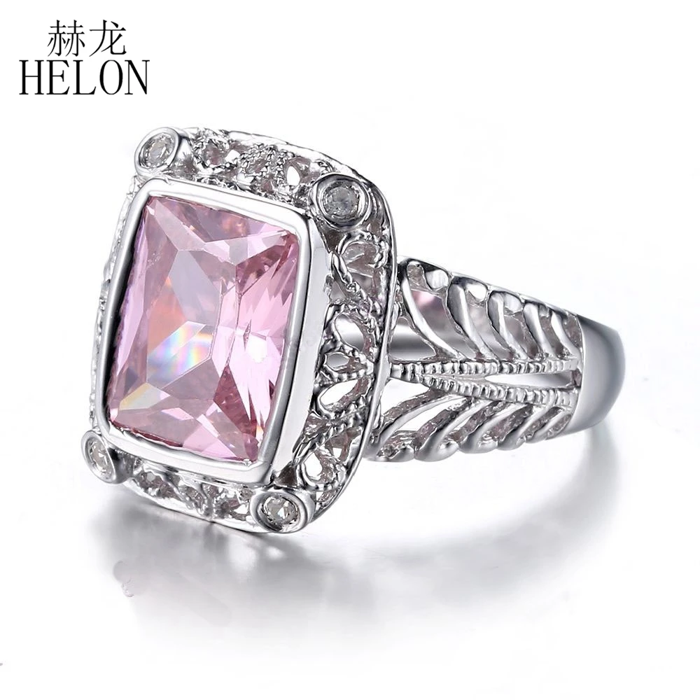 

HELON Sterling Silver 925 Cushion cut 10x8mm 5ct 100% Genuine Pink Topaz Fine Ring Natural Diamonds Women Fine Jewelry Ring