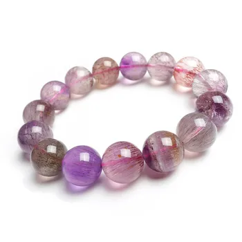 

15mm Genuine Natural Mix Colors Super Seven 7 Rutilated Quartz Crystal Transparent Round Beads Stretch Charm Bracelet Femme