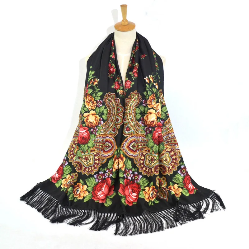  New Russian Federation Women Print Flowers Handmade Long Tassel Cotton Scarf Lady Rectangle Handker