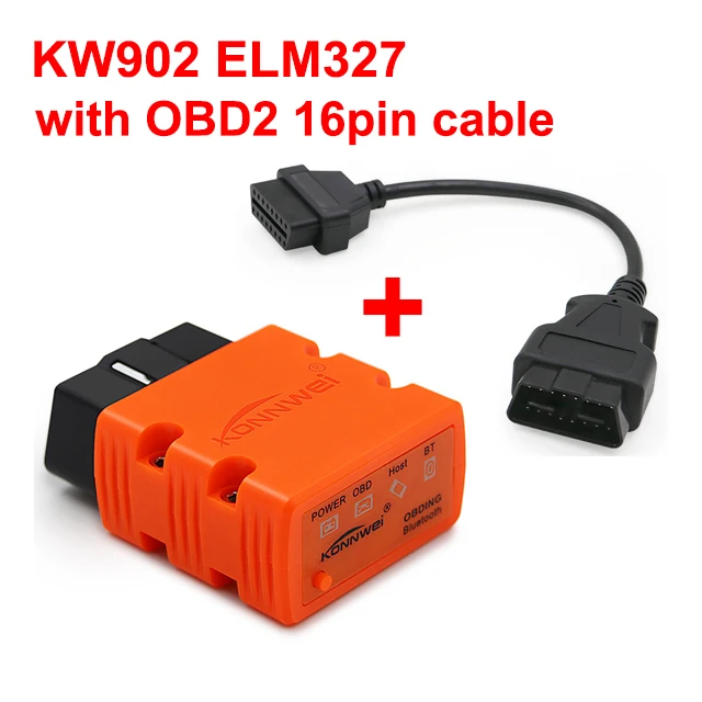 Konnwei ELM327 V1.5 PIC18F25K80 Bluetooth KW902 elm 327 OBD2 сканер работает на Android как ICAR2 адаптер OBDII диагностический инструмент - Цвет: Orange with cable