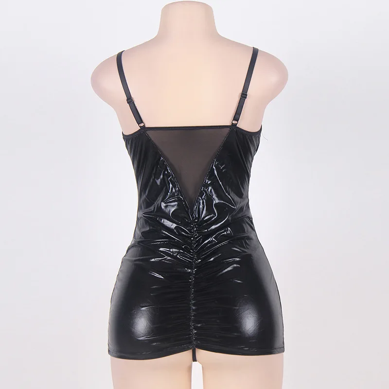 Plus Size Sexy Wetlook and Mesh Open Cup Cupless Spaghetti Strap Micro Mini Dress and Thong Lingerie Set Fetish Costume Plus Size Sexy Wetlook and Mesh Open Cup Cupless Spaghetti Strap Micro Mini Dress and Thong Lingerie Set Fetish Costume