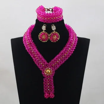 

Romantic Hot Pink Crystal Bold Statement Jewelry Set Fashion Rhinestone Jewelry Pink and Gold Bridal Jewelry Free Shipping WD824