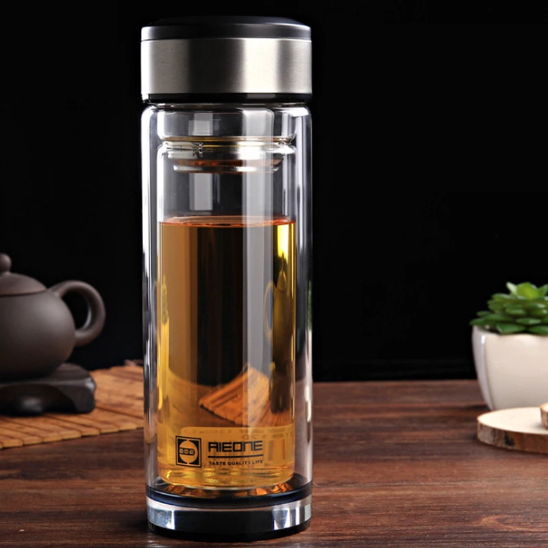 

1PC 280ml 350ml Water Bottle Double Layer Glass Heat Resistant Transparent Glass With Infuser Water Bottle