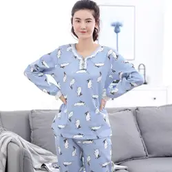 M-XXL Для женщин пижамные комплекты 100% хлопок ночное Демисезонный пижама с длинным рукавом o-образным вырезом Симпатичные Кружева пижамы