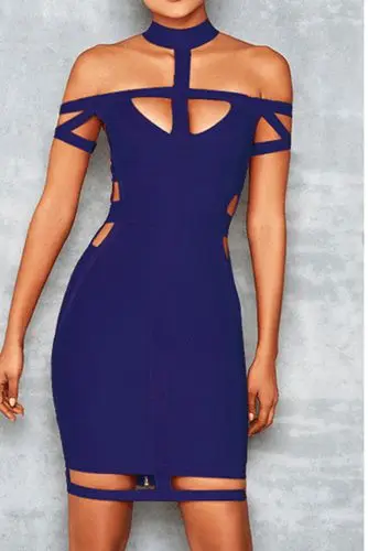 

2 Colors Celebrity Short Sleeve Blue Khaki Hollow Out Bandage Dress Night Club Party Slim Dress