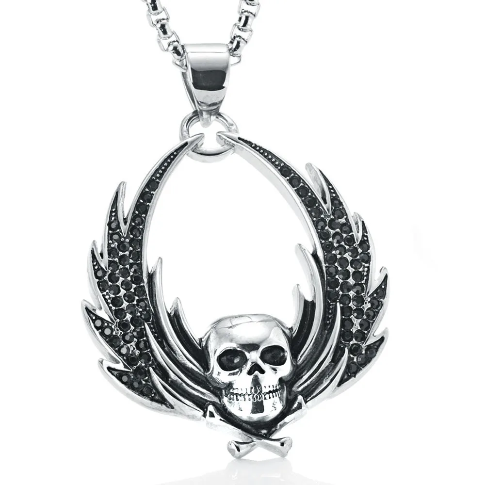 

European and American titanium steel skull feather pendant retro men and women stainless steel hip hop necklace accessorie