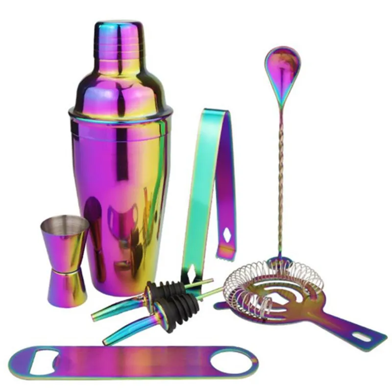 StainlessSteelCocktailShakerSet8PcsColorfulBartenderKit550ml