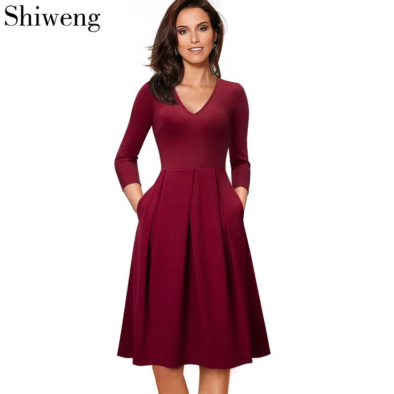 

shiweng 2019 woman cotton (65%) dress ladies tops mujer verano Vintage Solid Color V Swing Women Dress A126