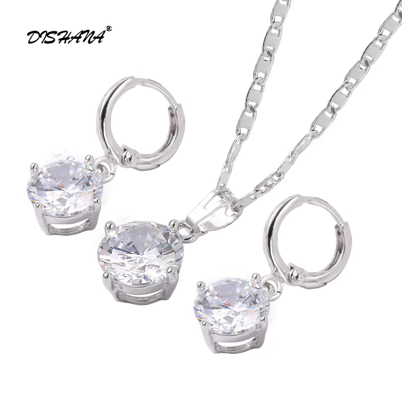 

Princess Engagment Wedding Genuine 18K Gold Plated A+++ Cubic Zirconia Pendant Necklace Earrings Woman Jewelry Sets(JS0057)