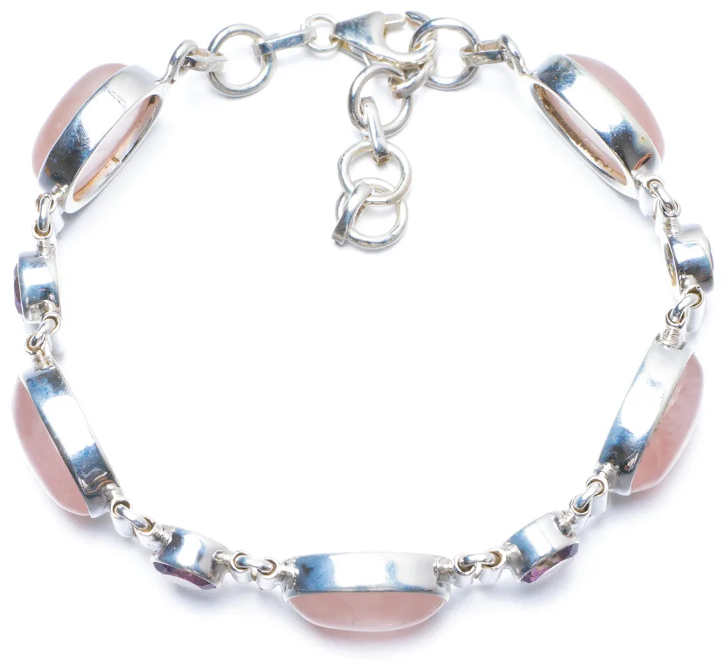 

Natural Rose Quartz and Amethyst Handmade Unique 925 Sterling Silver Bracelet 7-8 1/4" Y0145