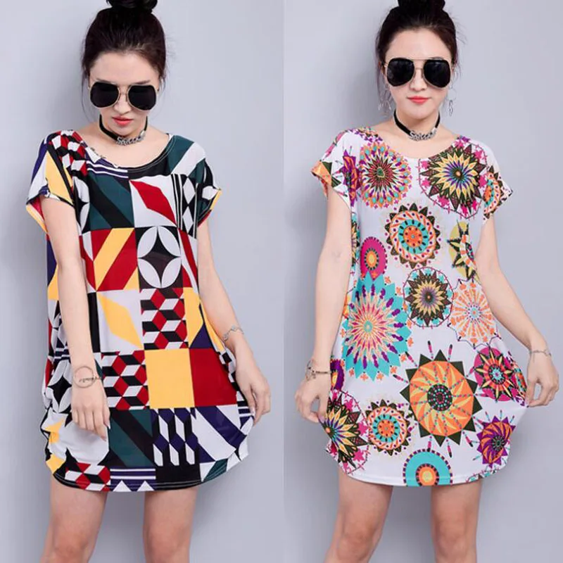 

2019 New summer loose dress round neck fashion casual print ladies dress