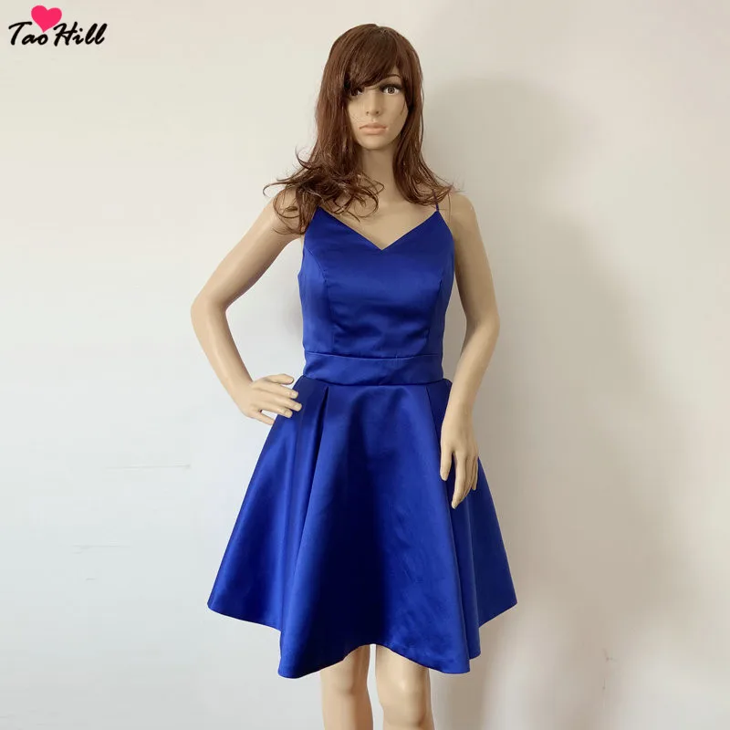 TaoHill Королевский синее коктейльное платье Спагетти ремень Мини Сексуальная спинки бантом без рукавов с V образным вырезом вечерние платье