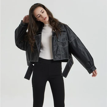 

2019 New Spring Relaxed Leather Jackets Women Fashion BF-Style Oult Streetwear Female Imitation Jeans Casual PU Leather Jackets