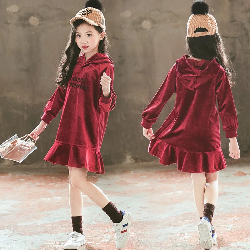 

Girls Dress Kids Clothes 2019 spring and autumn new children's clothing in the children's velvet hooded long-sleeved dress