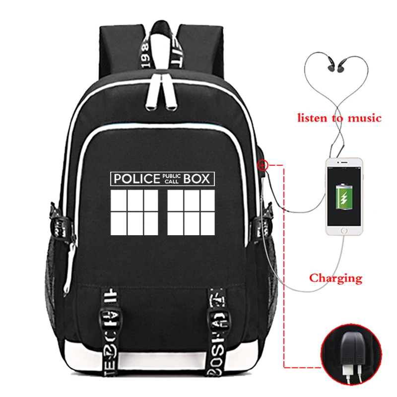 Doctor Who Backpack Daily School Bags for Teenagers USB Charge Headphone Jack Laptop Backpack Boys Girls Travel Rucksack mochila
