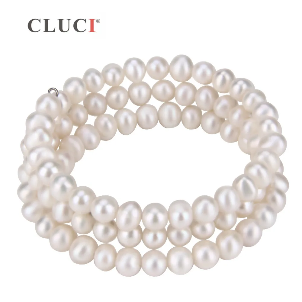 

CLUCI Brand Design Noble Freshwater Pearl Elastic Bracelet Statement Jewelry Silver Plated bracelet White Pearls Women FB2003SB