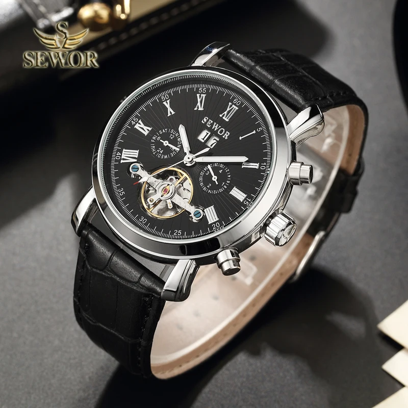 

SEWOR Luxury Brand Mens 2019 New Fashion Tourbillon Automatic Mechanical Sport Watch Men Wrist Watch BLACK SILVER C396