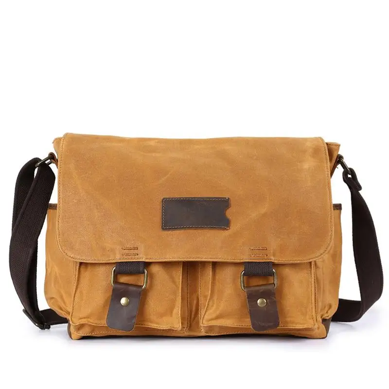 

Men Vintage Large Capacity Travel Crossbody Bags Retro Waterrpoof Wax Canvas Solid Shoulder Bags with Crazy Horse Leather Belt