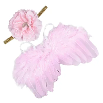 

Baby Newborn Angle Feather Wing And Big Flower Headband Photograph Prop Suit Infant Clothes Suit