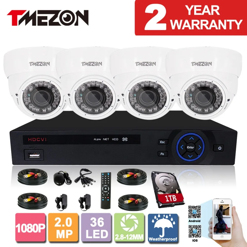 

TMEZON CVI 4CH CVR 2.8mm-12mm 1/3" 2.0MP Mega pixels Bullet Camera 36Leds CCTV System with 1TB
