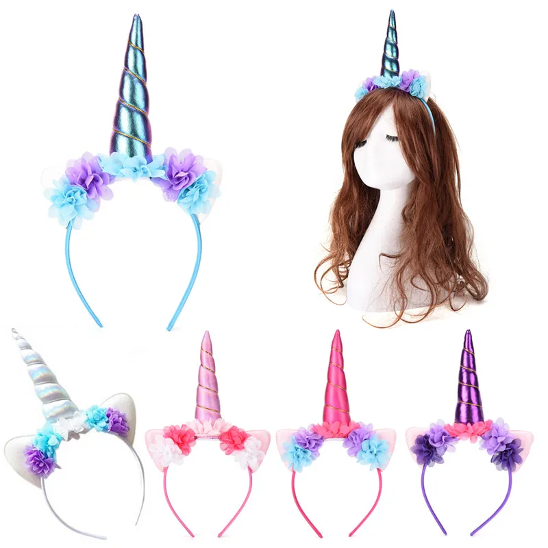 Colorful Unicorn Flower Crown Headband Girls Unicorn Horn Ears Headband
