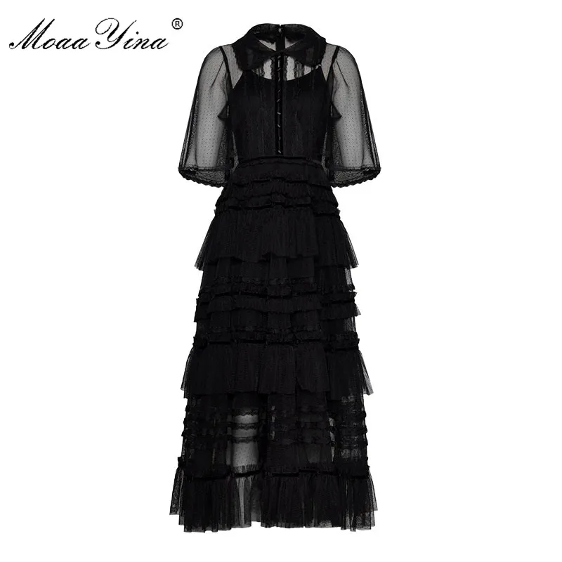 

Moaa Yina Fashion Designer Runway dress Spring Summer Women Dress Mesh See through Cascading Ruffle Cake Dresses