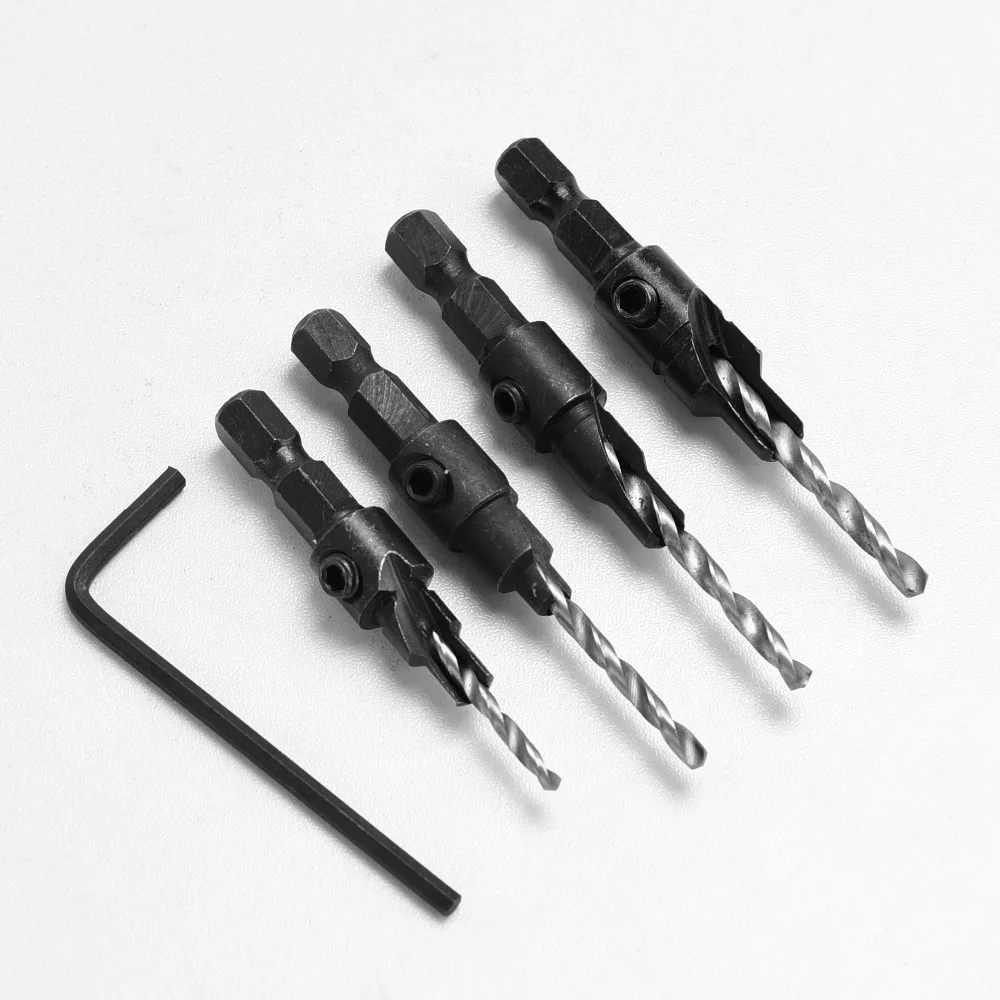 

4 pcs HSS Carpentry Countersink Drill Bit Set Woodworking tools + Hex Shank 6# 8# 10# 12#