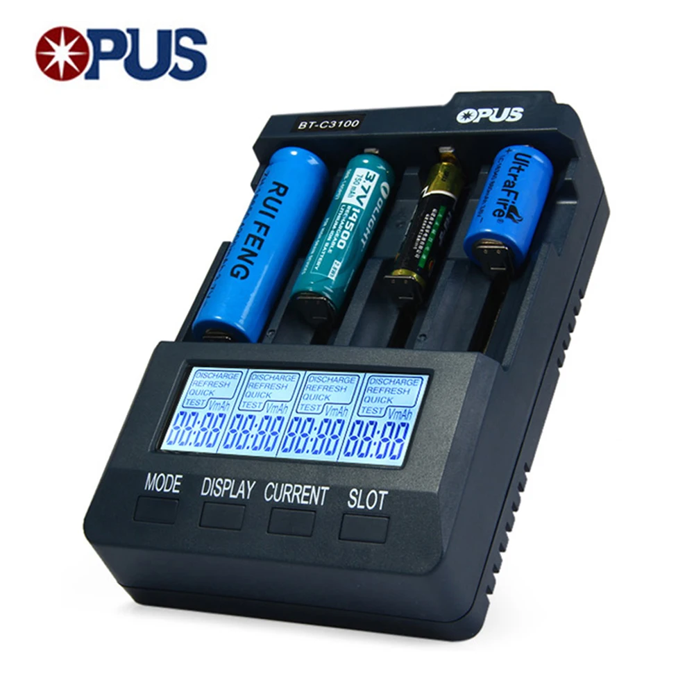 

OPUS BT-C3100 Charger V2.2 smart 4 Slots Digital Intelligent Charger LCD Screen LI-ion NiCd NiMh Battery Charger US EU Plug