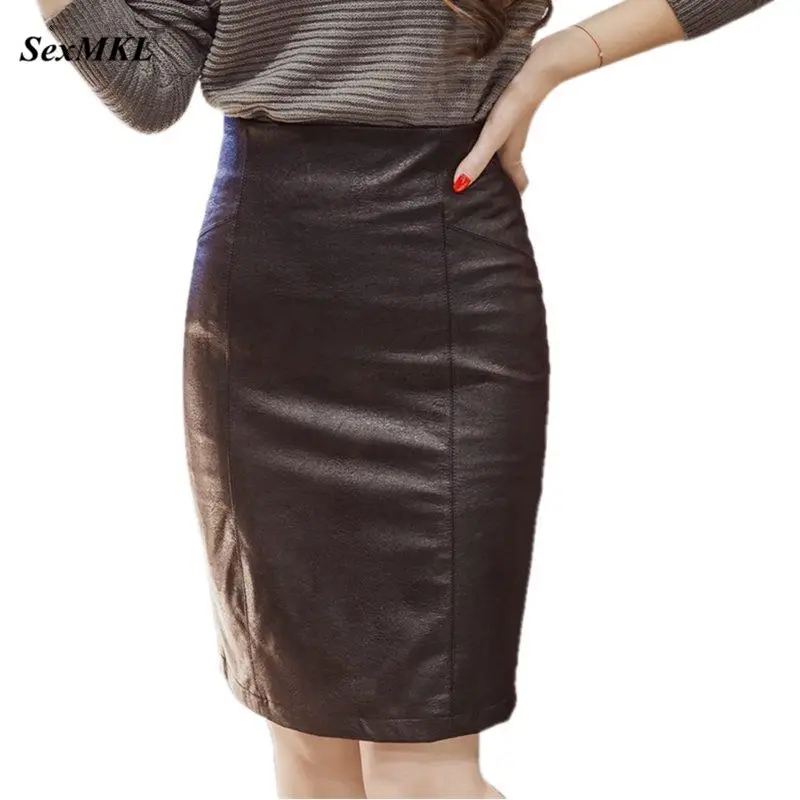 

Women Summer Leather Skirts 2019 Fashion Above Knee Skirts Sexy Mini Elegant Ladies Casual Plain Black Faux Leather Pencil Skirt