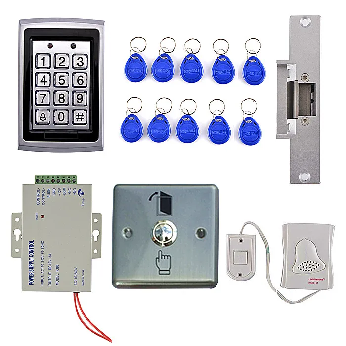 

Full Complete Access Control Kit System Electric Strike Door Lock +110~240V Power Supply + Exit Button+10 RFID Card Tag
