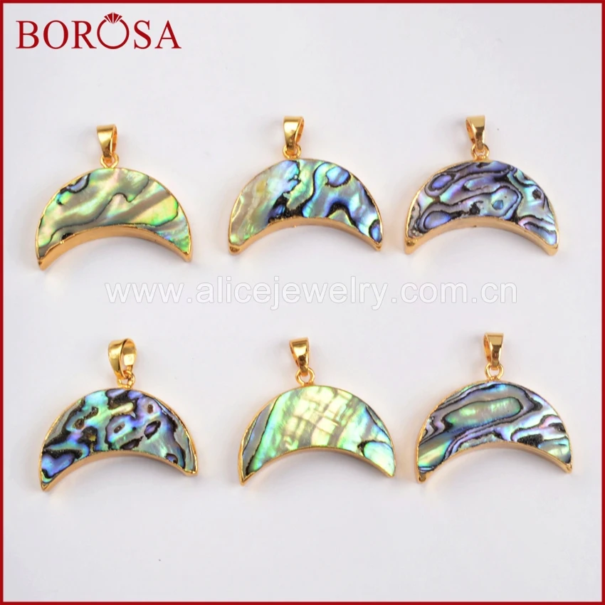 

BOROSA Free Shipping 1 piece New Arrival Gold Color Abalone Shell Crescent Pendant Bead For Women Druzy Beauty Jewelry G0461