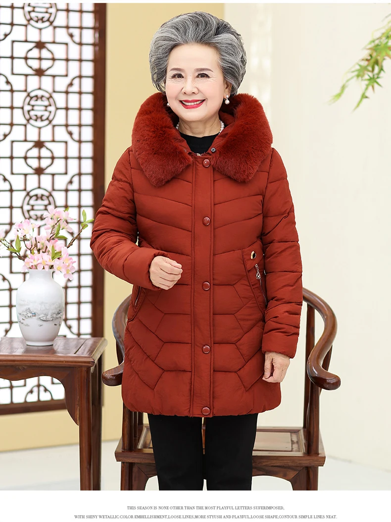 Теплая зимняя куртка с капюшоном для мамы зеленый, темно-синий, красный, стеганая парка с меховым капюшоном пуховая верхняя одежда для пожилых женщин базовое пальто