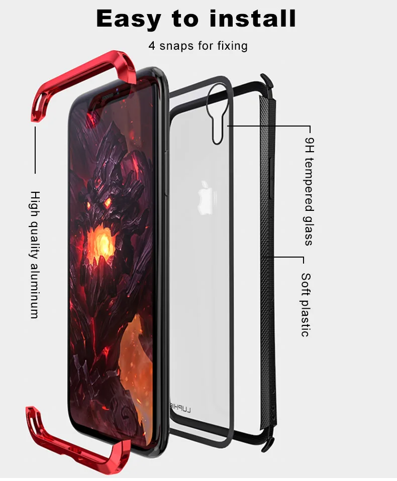 

LUPHIE Aluminum Bumper Case For iPhone X XS Max XR XS Luxury Hard Metal Frame For iPhone 6 6S Tempered backi Side shockproof