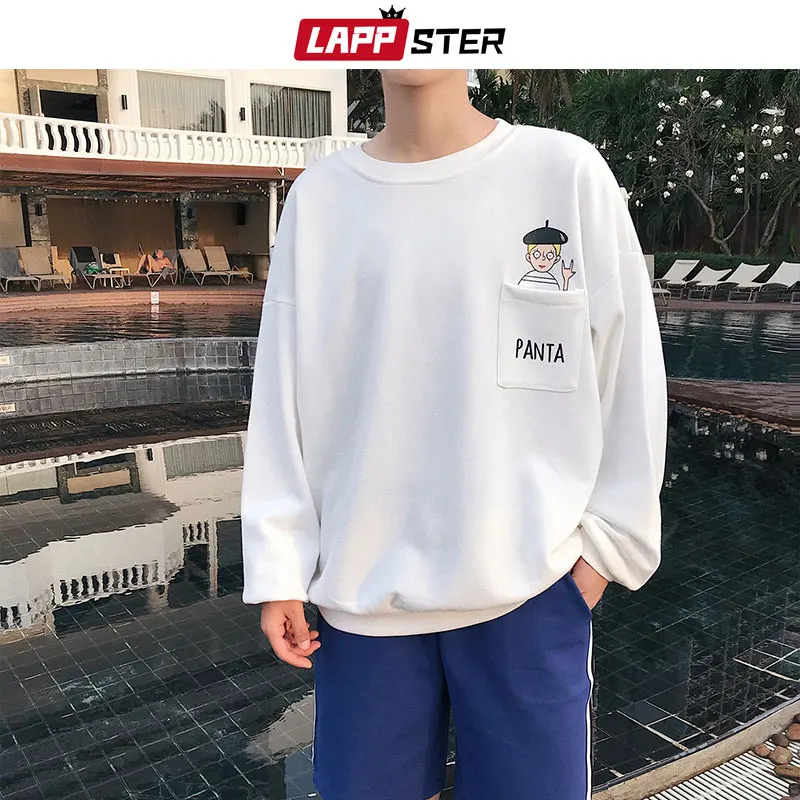 

LAPPSTER Men Streetwear Cartoon Hoodies 2019 Spring Mens Pocket Hip Hop Sweatshirts Male Harajuku Korean Fashion White Hoodies