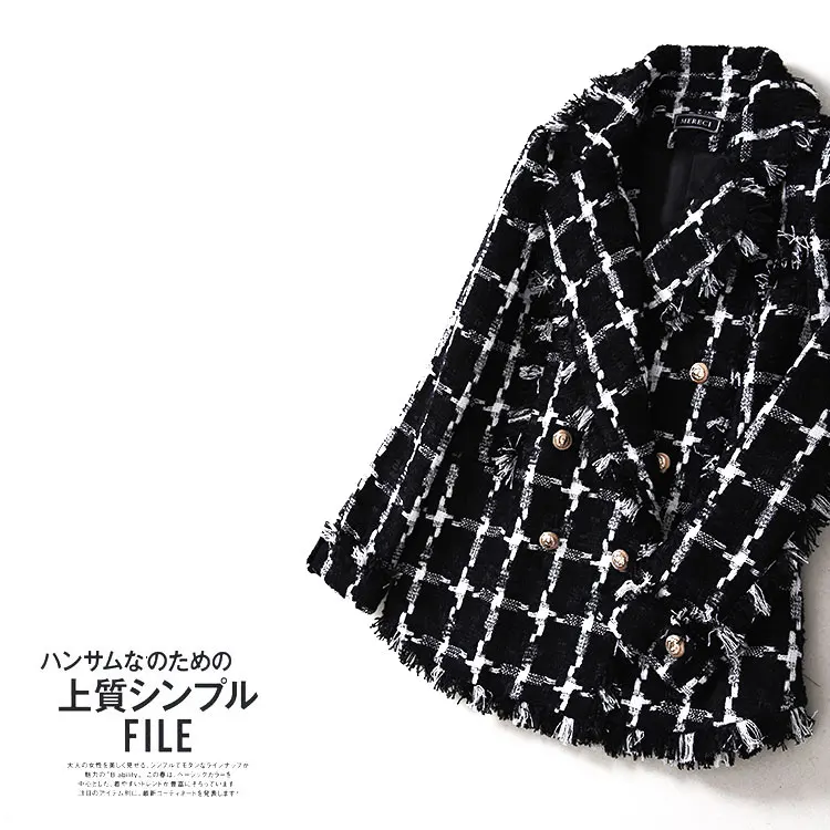 

Women elegant black white thick plaid jacket double breasted tweed jackets new 2018 autumn winter office lady formal