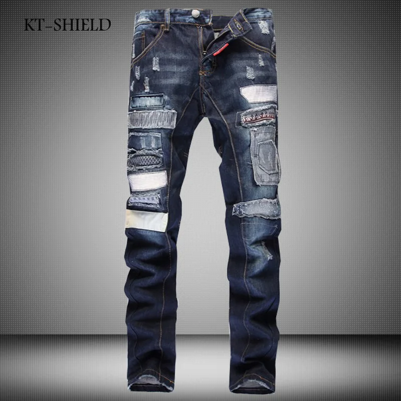 

fashion design brand men biker Ripped Denim jeans pants Cotton casual full length Trousers Slim Distressed Masculina Pantalones