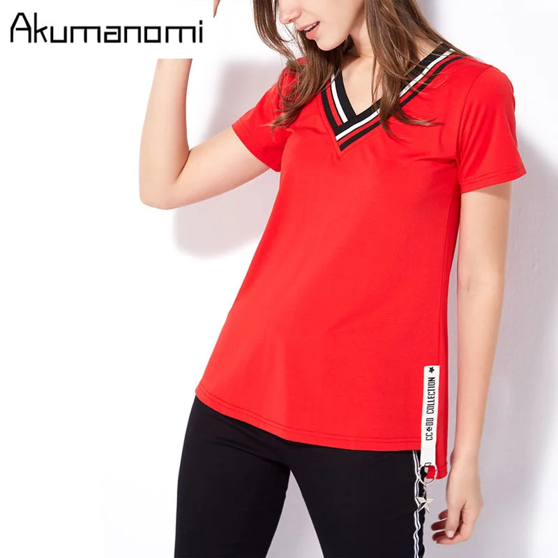 Download T shirt v neck short sleeve shirt side seam open fork ...