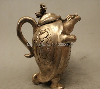 

9" Marked China Dyansty Palace Silver Fu Boy tortoise Water Wine Tea Pot Flagon