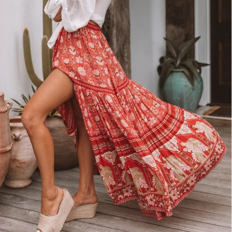

BellFlower Print Ethnic Women Long Skirts 2019 Summer Cotton High Waist Skirt Female Holiday Split A Line Loose Skirt